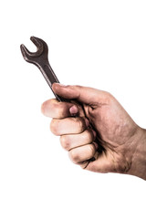 Dirty hand holding wrench isolated on white background
