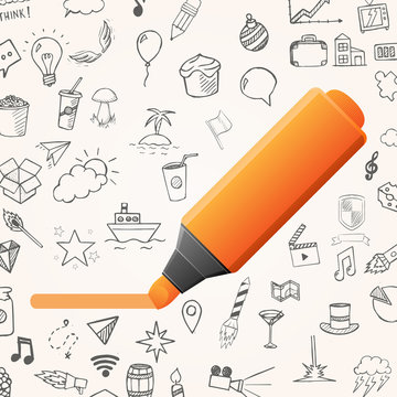 Orange marker with set of doodle icons, vector hand drawn objects on white background