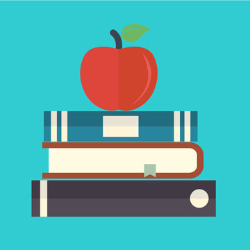 Vector Books With Apple Flat Icon