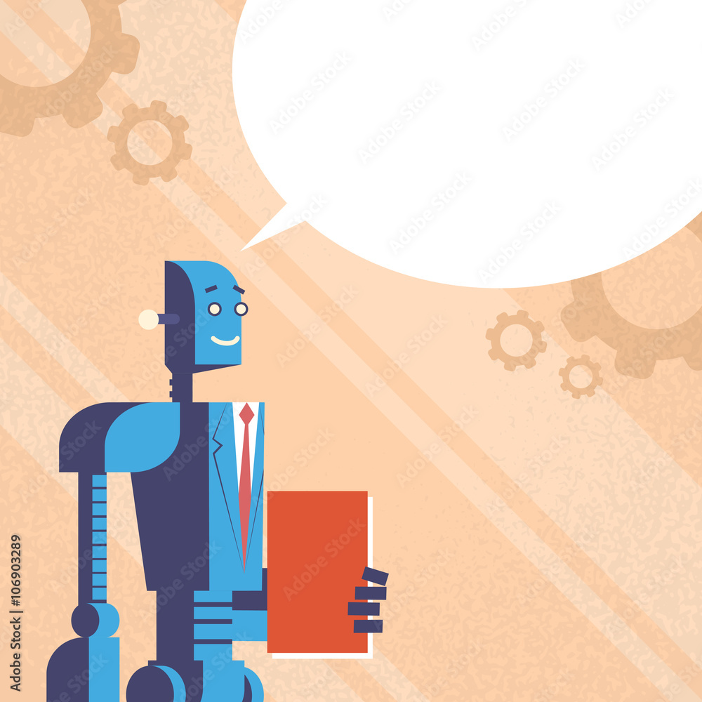 Poster modern robot in suit hold book with empty chat bubble