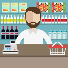 A Young cashier man standing in supermarket. Contemporary style with pastel palette, blue tinted background. Vector flat design illustrations. Square layout.