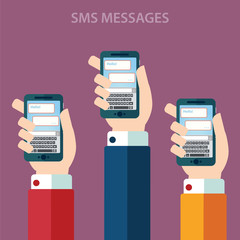Hands holding smartphone with sms, call and send message via sms chat with internet wifi. Communication concept. A contemporary style with colorful palette. Vector flat illustration