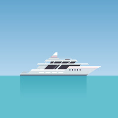 Yacht on Blue Water Summer Background. Flat Style. Vector