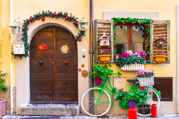 Fototapeta na wymiar beautiful street decoration with vintage bike and flowers