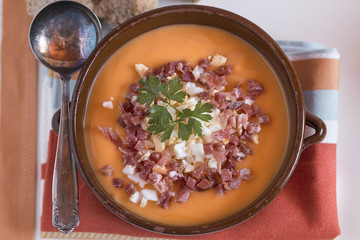 Tomato gazpacho soup in a ceramic bowl