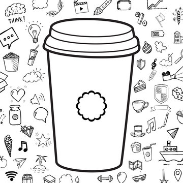 Vector doodle coffee cup with objects, hand drawn elements