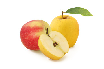 Red and yellow apples with half isolated on white