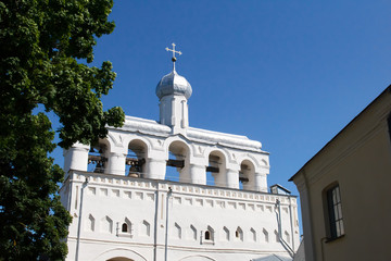 Belfry of St. Sophia Cathedral (Sofia belfry) - a monument of architecture XV—XVIII centuries in the Novgorod Kremlin. Velikiy Novgorod city fortress. Christian churches of Russia. Tourism place.