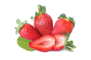 Three strawberries with slices isolated on white
