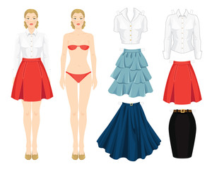 Paper doll with clothes. Body template. Set of template paper clothes. Clothes for office, clothes for holiday. Different model of skirt. Base wardrobe. Girl in red skirt with folds and white blouse