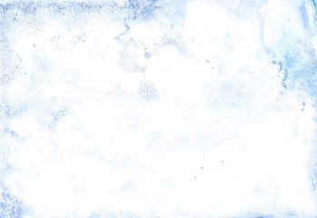 Watercolor textured background with light blue splashes for artistic banner. Paint border. Abstract water in trendy minimal style with tender blue ombre painting. Watercolour vintage texture.