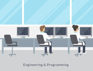 Engineering and programming sitting in the office and working with computers wearing uniform. Flat illustration of working process