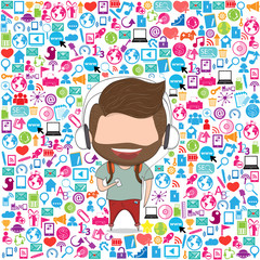 Male teens with beard playing with phone happy template design t