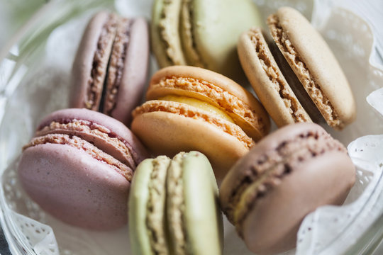 Close up still life of colorful macarons