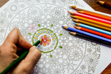 Anti-stress coloring book in the drawing process