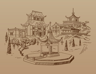 Vintage Freehand Drawing of Chinese Landscape