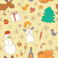 Seamless Christmas pattern with snowman snowflakes