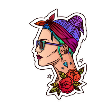 Vector illustration, sticker. Portrait of a girl in a hipster style. Tattoo the girl's face.