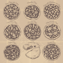 Vintage Drawings of Different Kinds of Pizza