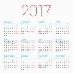 Calendar for 2017 Year on White Background. Week Starts Monday. Simple Vector Template. Stationery Design Template