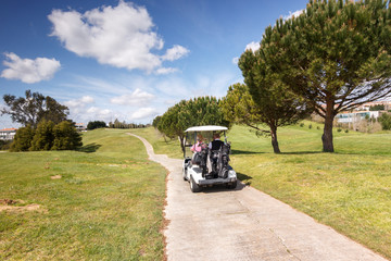 Golf sport, golf course with a cart and beautiful landscape - 106913864