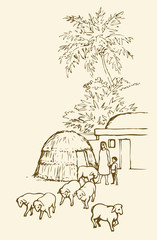 Naklejka premium Prehistoric settlement. Vector drawing