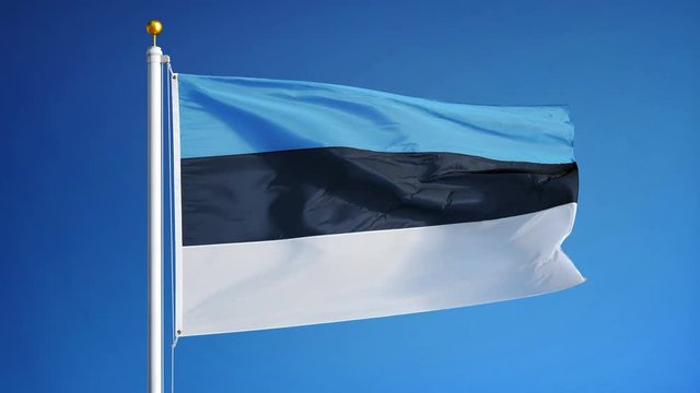 Estonia flag waving in slow motion against clean blue sky, seamlessly looped, close up, isolated on alpha channel with black and white luminance matte, perfect for film, news, digital composition