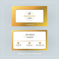 Golden and Black Business Card Design Template. Business Card for Photographer or Graphic Designer. Photo Studio Logotype Template. Vector Illustration. Stationery Design