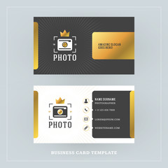 Obraz premium Golden and Black Business Card Design Template. Business Card for Photographer or Graphic Designer. Photo Studio Logotype Template. Vector Illustration. Stationery Design