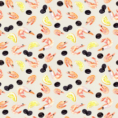 Seamless pattern with watercolor seafood