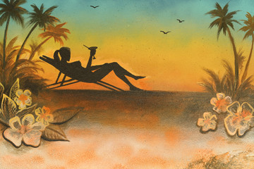 Painting of a woman with a drink in her hand, sunbathing at the beach on sunset. 