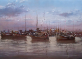 boats moored in the harbor handmade painting