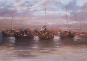 Fototapety  łodzie zacumowane w porcie ręcznie malowany obraz