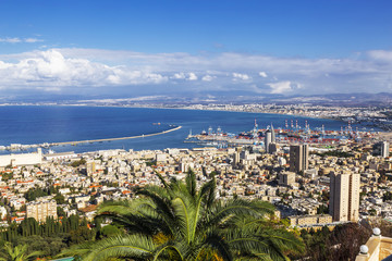 Beautiful panoramic view from Mount Carmel to cityscape and port in Haifa, Israel.