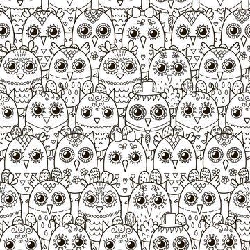 Cute owls seamless pattern. Black and white background