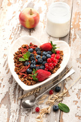 Ingredients for breakfast. Muesli, berries, yogurt
