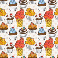 Vector Muffins Seamless Pattern. Cakes, Sweets.