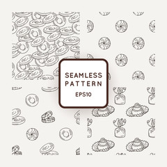 Set of Vector Candy, Bows and Muffins Seamless Patterns. Sweet Party Texture.