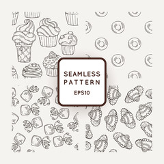 Set of Vector Candy, Bows and Muffins Seamless Patterns. Sweet Party Texture.