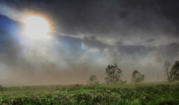 Intense outflow winds from this supercell sweep debris into the air.  The sun peeks out behind the thunderstorm's anvil, Lexington, Nebraska, USA