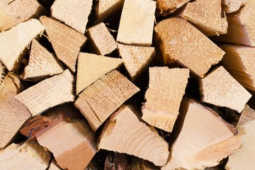 Prepared wooden pieces for a fire place. Closeup