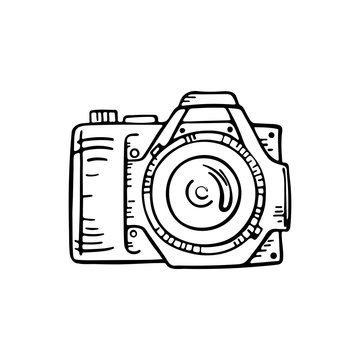 Doodle photo camera. Vector hand draw illustration.