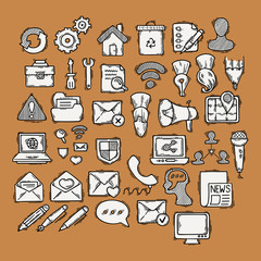 Set of doodle web, computer and drawing icons.