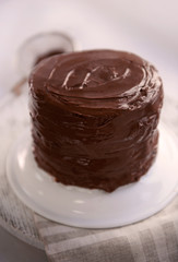 Chocolate cake on a plate on unfocused background