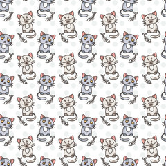 Seamless pattern of cute cat characters. Fishbone. 