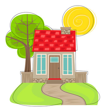 Cute House With Tree - Stylized cartoon house with front lawn, pathway, and tree in the back. Eps10