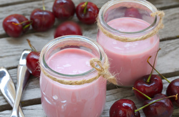 Natural homemade cherry yogurt. Closeup