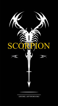 scorpion in black and white. scorpion with the arrow tail. stylized scorpion combine with text.labelled scorpion.Suitable for your product identity, emblem, illustration for automotive, apparel, etc. 