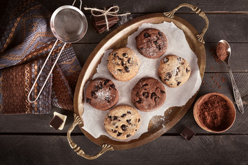 Chocolate chip cookies on a metal tray