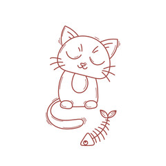Cute cat character. Satisfied fed kitten.